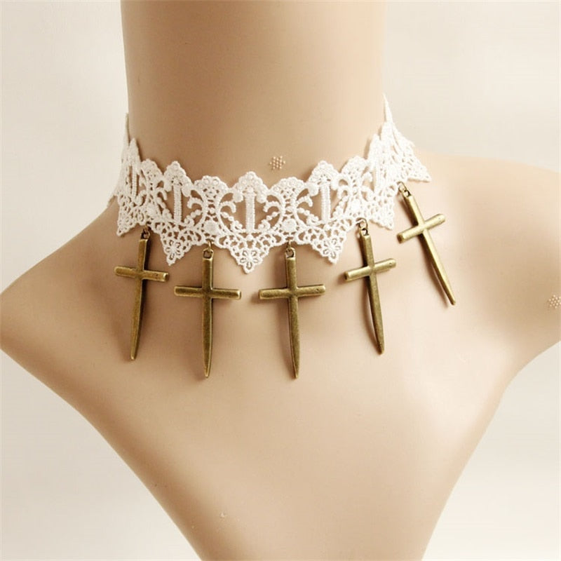 White Lace Cross Pendant Choker