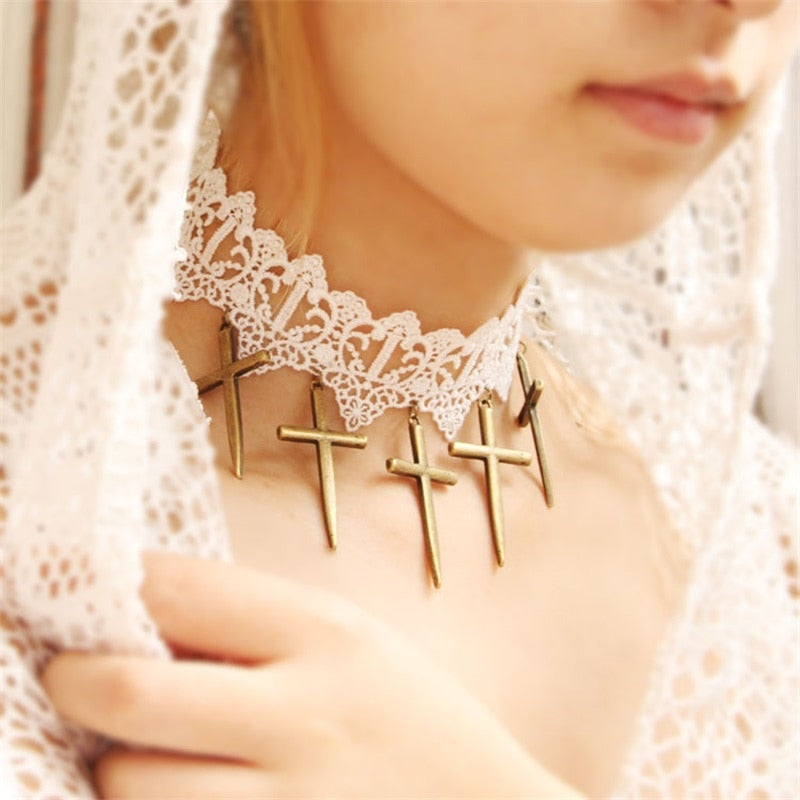 White Lace Cross Pendant Choker