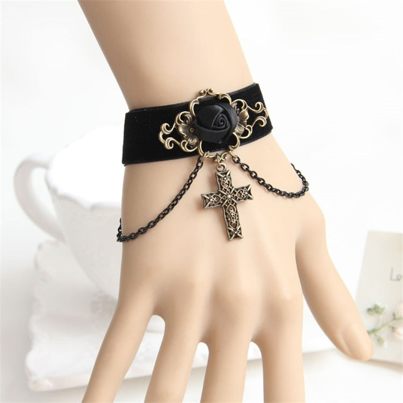 Gothic Dark Rose and Cross Bracelet