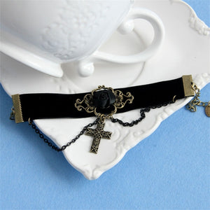 Gothic Dark Rose and Cross Bracelet