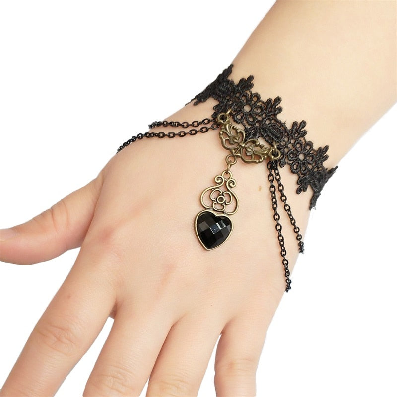 Gothic Chain Lace and Heart Bracelet