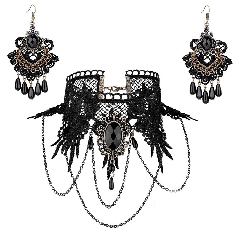 Black Lace Gothic Jewel Necklace and Earring Set