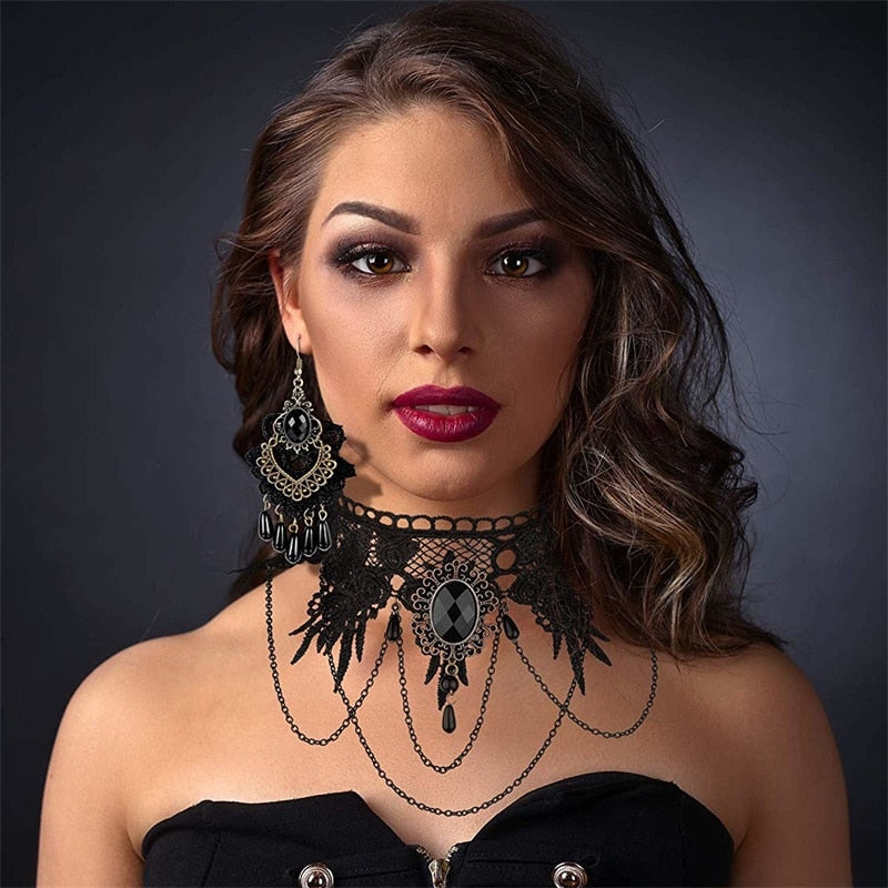 Black Lace Gothic Jewel Necklace and Earring Set