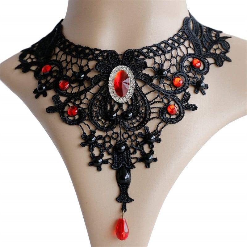 Black Lace and Gothic Red Jewel Necklace and Earring Set