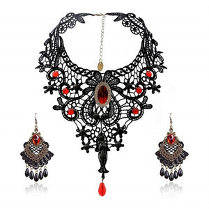 Black Lace and Gothic Red Jewel Necklace and Earring Set