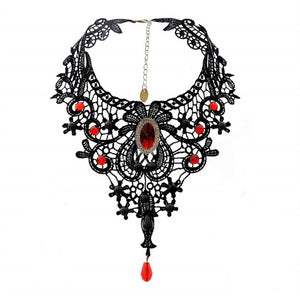 Black Lace and Gothic Red Jewel Necklace and Earring Set