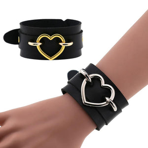 Gothic Black Leather Heart Buckle Wristband