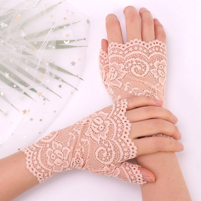 Wrist Length Fingerless Lace Gloves