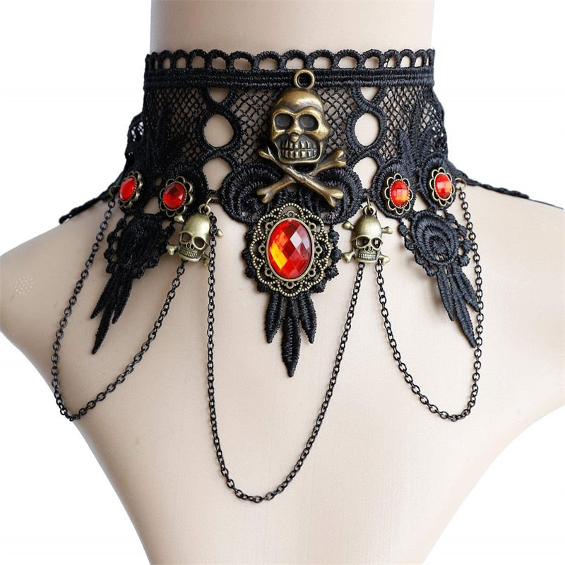 Black Lace Gothic Skull Necklace and Earring Set