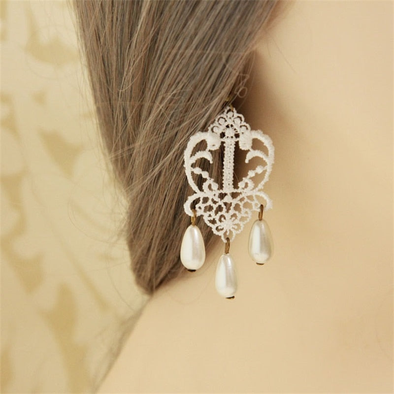 Vintage White Lace Tassel Drop Earrings