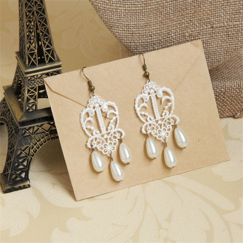 Vintage White Lace Tassel Drop Earrings