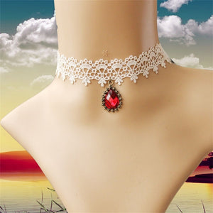 Vintage White Lace and Red Pendant Party Choker
