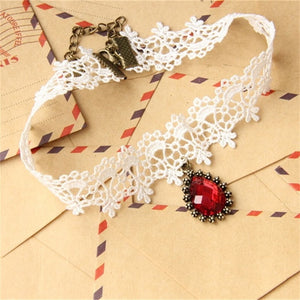 Vintage White Lace and Red Pendant Party Choker