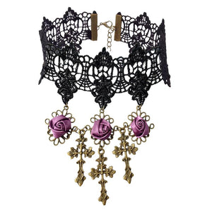 Victorian Purple Rose and Cross Statement Choker