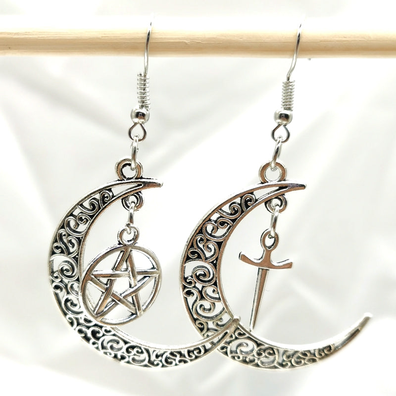 Pentagram Crescent Moon Earrings