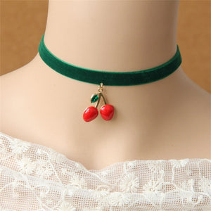 Green Ribbon Cherry Pendant Choker