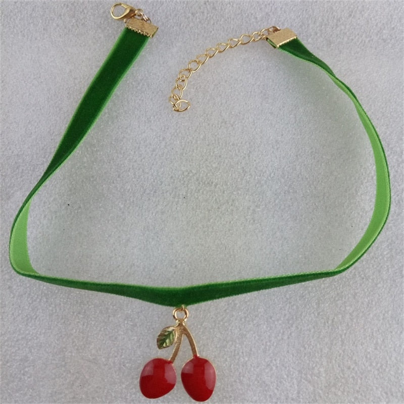 Green Ribbon Cherry Pendant Choker