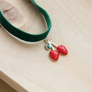 Green Ribbon Cherry Pendant Choker