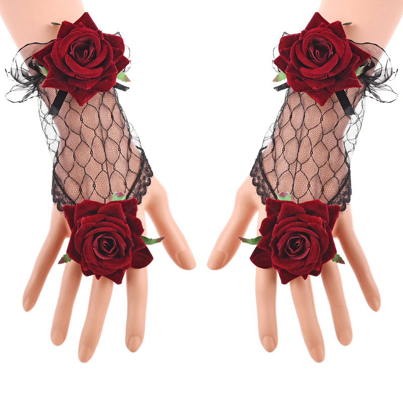 Gothic Vintage Lace Rose Fingerless Gloves