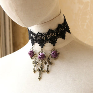 Victorian Purple Rose and Cross Statement Choker