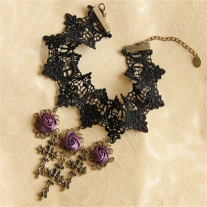 Victorian Purple Rose and Cross Statement Choker