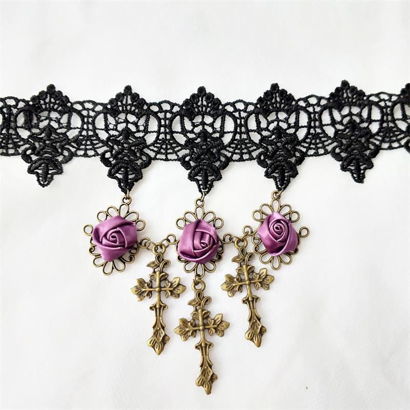 Victorian Purple Rose and Cross Statement Choker