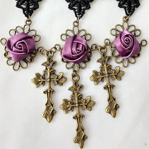 Victorian Purple Rose and Cross Statement Choker