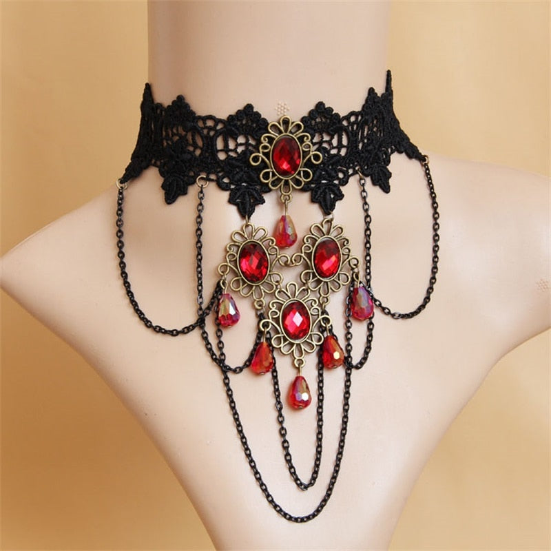 Gothic Vintage Red Jewel and Lace Statement Choker