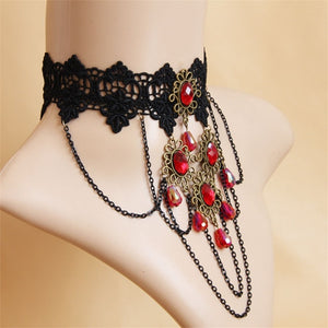 Gothic Vintage Red Jewel and Lace Statement Choker