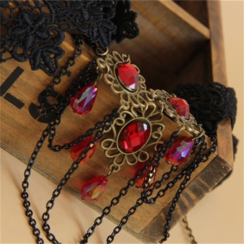 Gothic Vintage Red Jewel and Lace Statement Choker