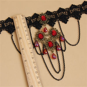 Gothic Vintage Red Jewel and Lace Statement Choker