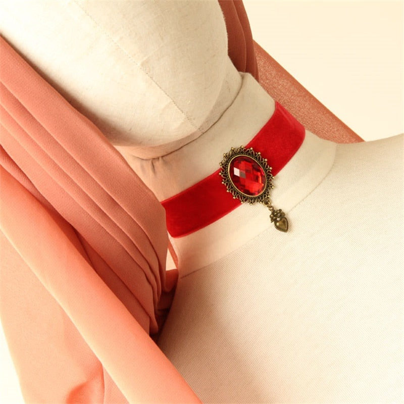 Gothic Red Ribbon Pendant Choker